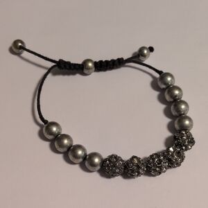 Silver Tone Adjustable Beaded Bracelet w/ Rhinestone Pave Accent Modern‎